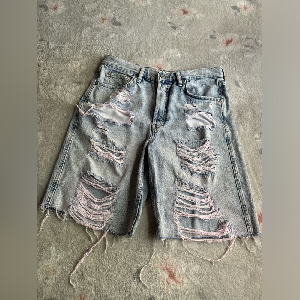Free People Distressed Denim Bermudas - Light Blue